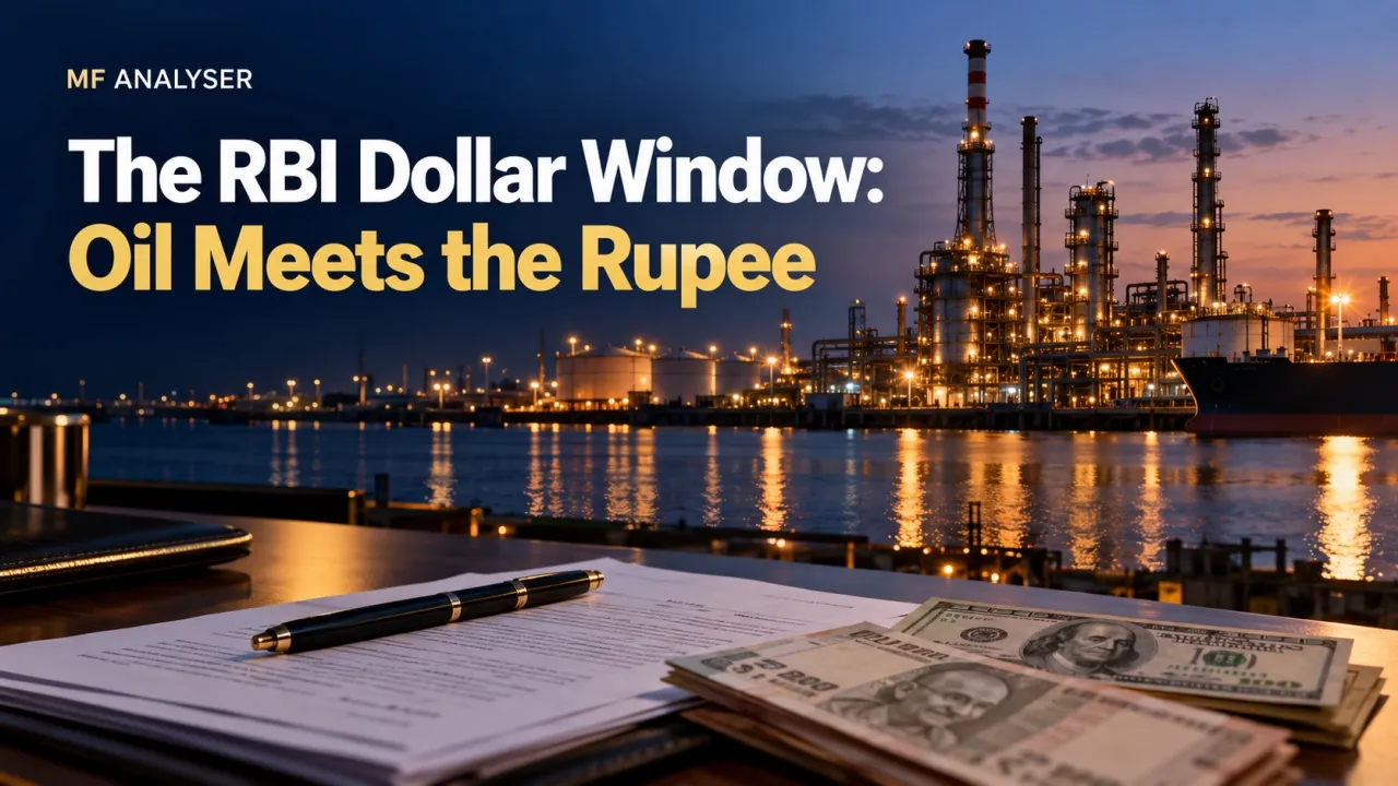 AI-generated photographic concept cover with title: The RBI Dollar Window: Oil Meets the Rupee
