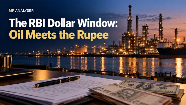 AI-generated photographic concept cover with title: The RBI Dollar Window: Oil Meets the Rupee