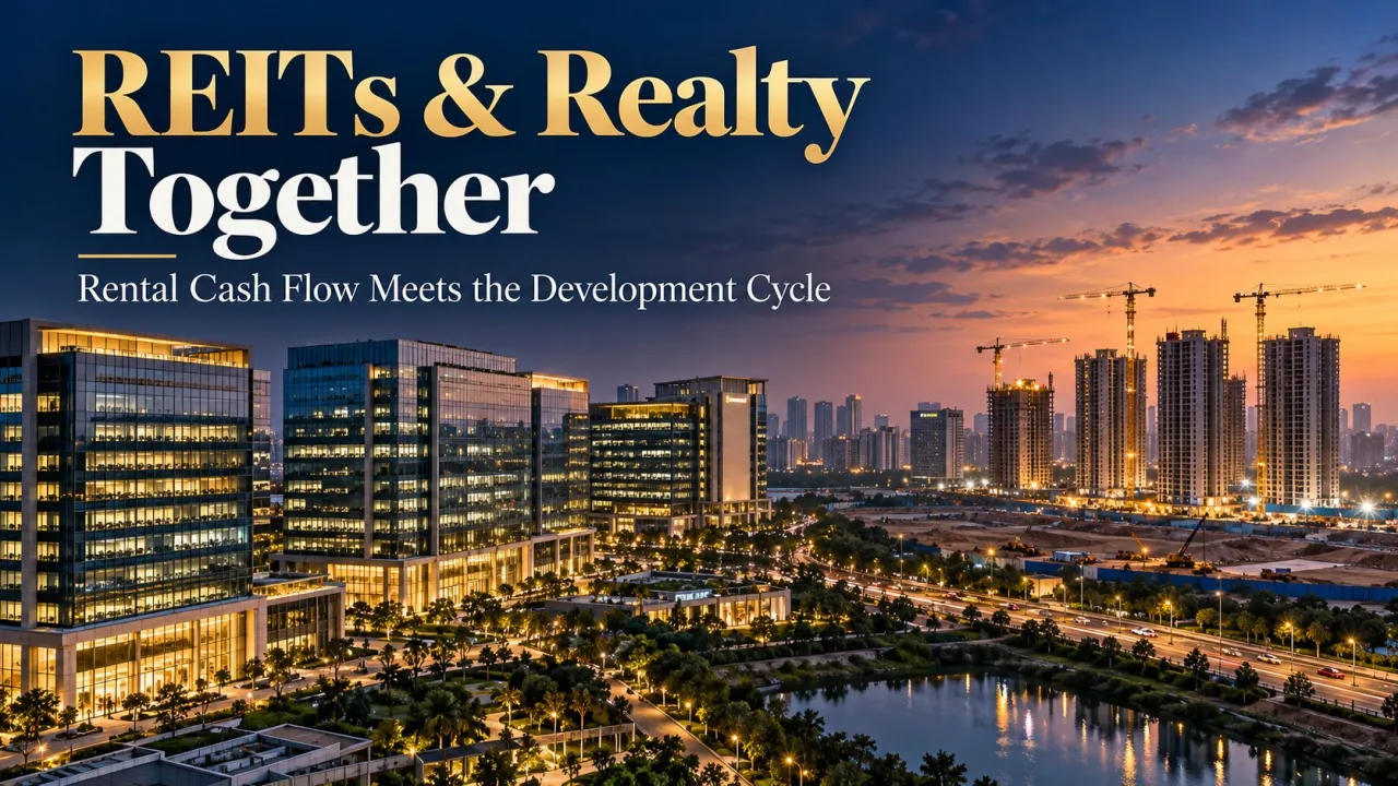 AI-generated editorial illustration: Motilal Oswal’s REITs & Realty Fund: Rental Cash Flow and Property Development Are Two Engines