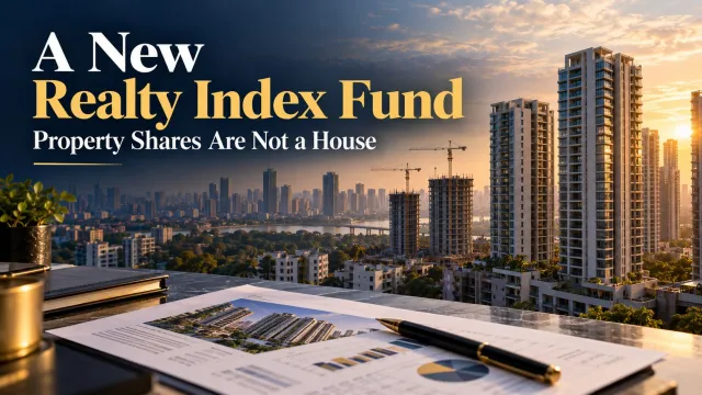 AI-generated editorial illustration: Kotak’s Realty Index Fund Opens: Property-Company Shares Are Different From Buying a Home