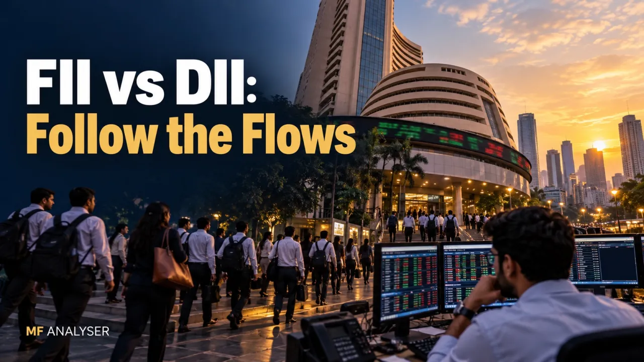 AI-generated photographic concept cover with title: FII vs DII: Follow the Flows