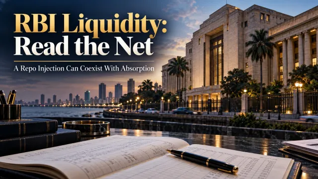 AI-generated editorial illustration: RBI Allotted ₹1,50,007 Crore in Repo—Yet Its Net Liquidity Table Showed Absorption