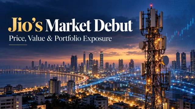 AI-generated editorial illustration: Jio Lists at ₹1,358: The IPO Gain and a New Buyer’s Return Are Different Stories
