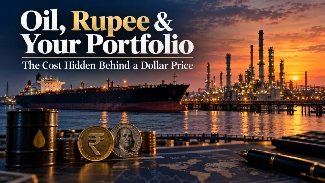 AI-generated editorial illustration: Oil Above $110: Why a Weaker Rupee Can Make the Import Shock Bigger