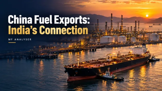 AI-generated photographic concept cover with title: China Fuel Exports: India’s Connection
