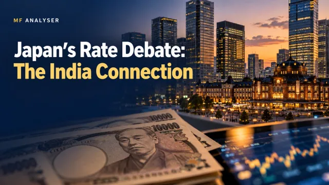 AI-generated photographic concept cover with title: Japan’s Rate Debate: The India Connection