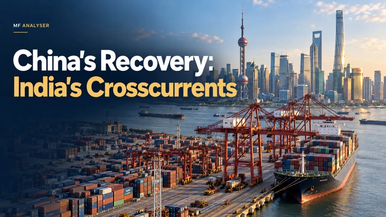 AI-generated photographic concept cover with title: China’s Recovery: India’s Crosscurrents