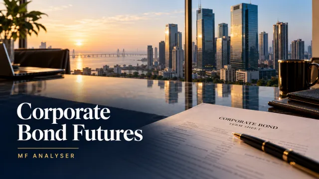 AI-generated editorial image of Mumbai financial towers and a corporate bond term sheet, titled Corporate Bond Futures.