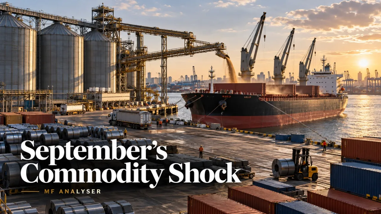 AI-generated editorial cover for September’s Commodity Shock: Energy Surges, Other Markets Diverge