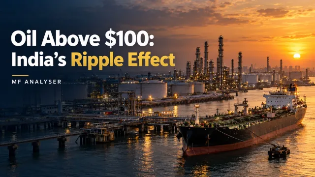 AI-generated photographic concept cover with title: Oil Above $100: India's Ripple Effect