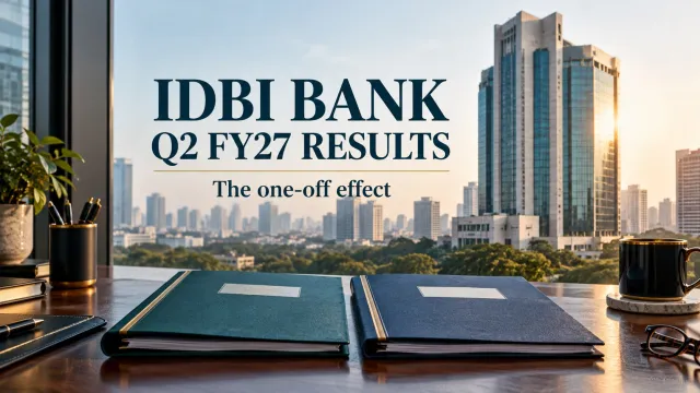 AI-generated editorial illustration: IDBI Bank Q2 FY27: A 39% Profit Fall and 14% Adjusted Growth Can Both Be True