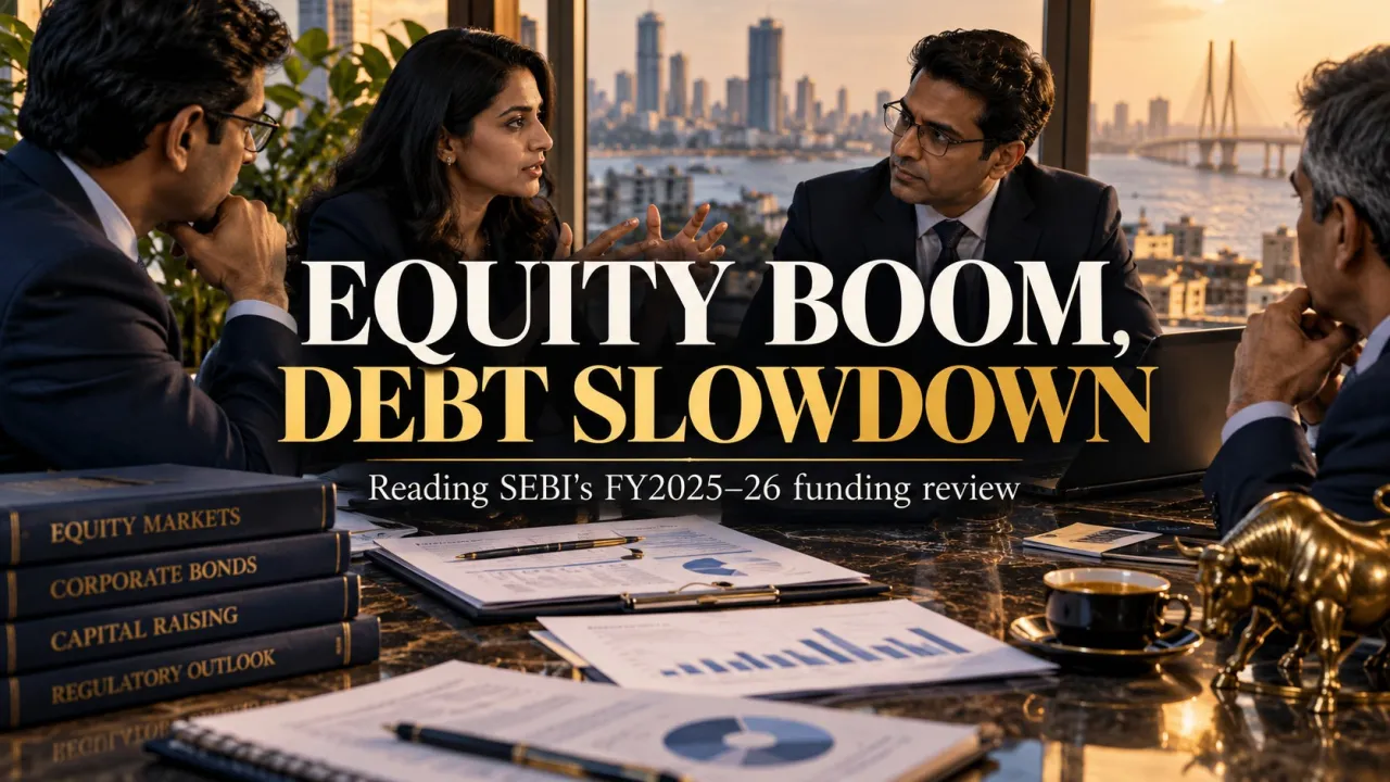 AI-generated editorial illustration: Equity Fundraising Rose While Debt Issuance Fell: Reading SEBI’s FY2025–26 Review