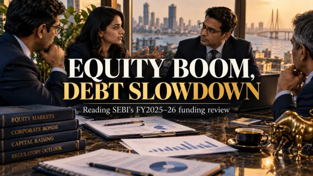 AI-generated editorial illustration: Equity Fundraising Rose While Debt Issuance Fell: Reading SEBI’s FY2025–26 Review
