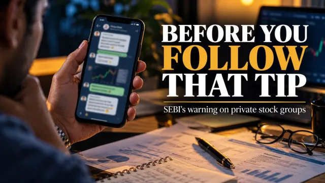 AI-generated editorial illustration: SEBI’s WhatsApp Stock-Tip Warning: The Crowd Praising an Expert May Be Part of the Pitch