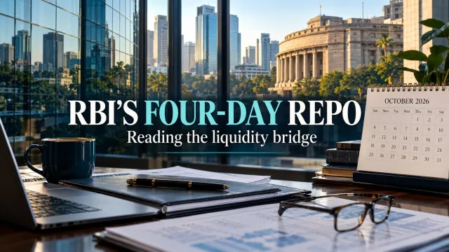 AI-generated editorial illustration: RBI’s ₹1.5 Lakh Crore Four-Day Repo: A Liquidity Bridge, Not a Rate Cut
